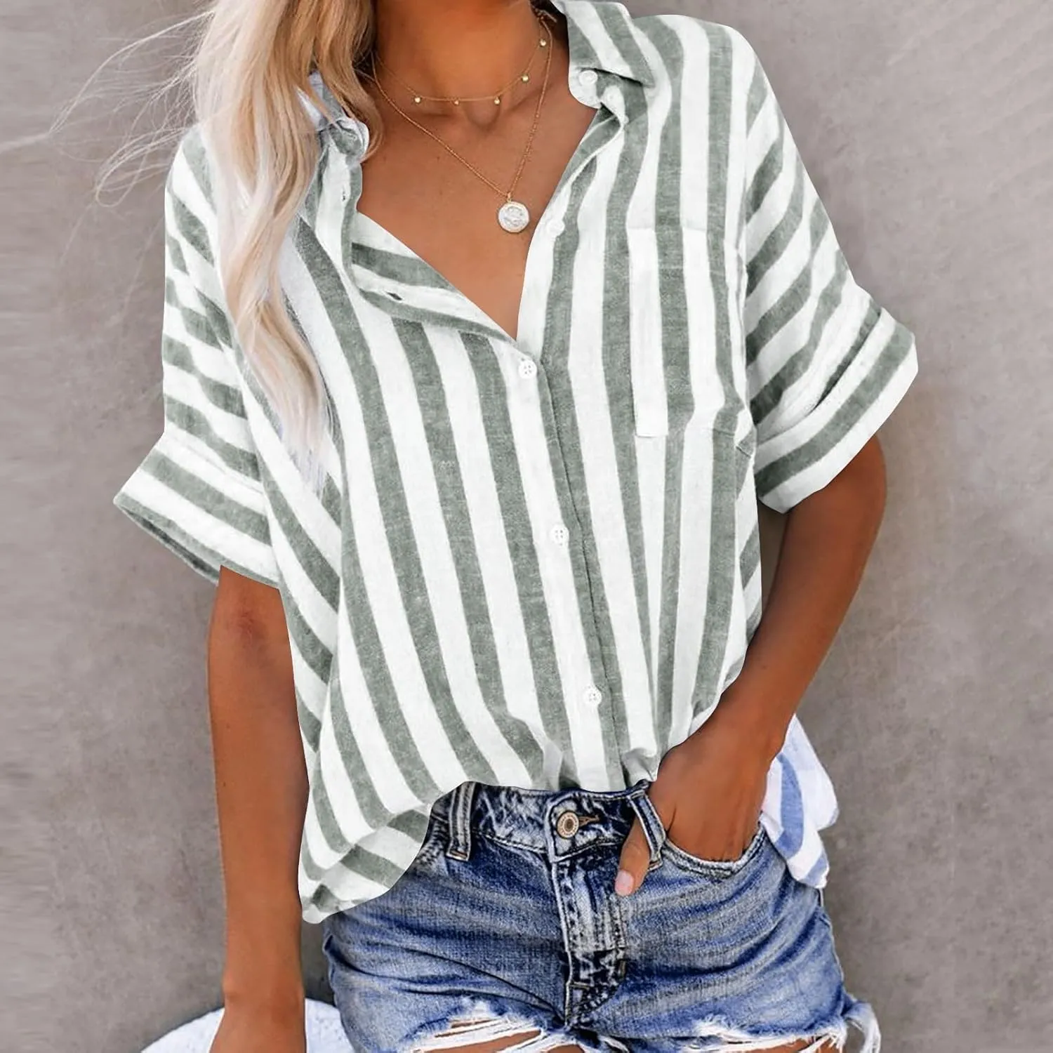 Lastesso Womens Summer Tops Lightweight Button Down Stripes Short Short Sleeve Pullover Shirts Business Casual T-Shirt