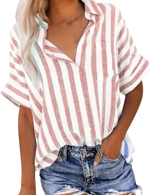 Lastesso Womens Summer Tops Lightweight Button Down Stripes Short Short Sleeve Pullover Shirts Business Casual T-Shirt