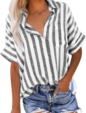 Lastesso Womens Summer Tops Lightweight Button Down Stripes Short Short Sleeve Pullover Shirts Business Casual T-Shirt