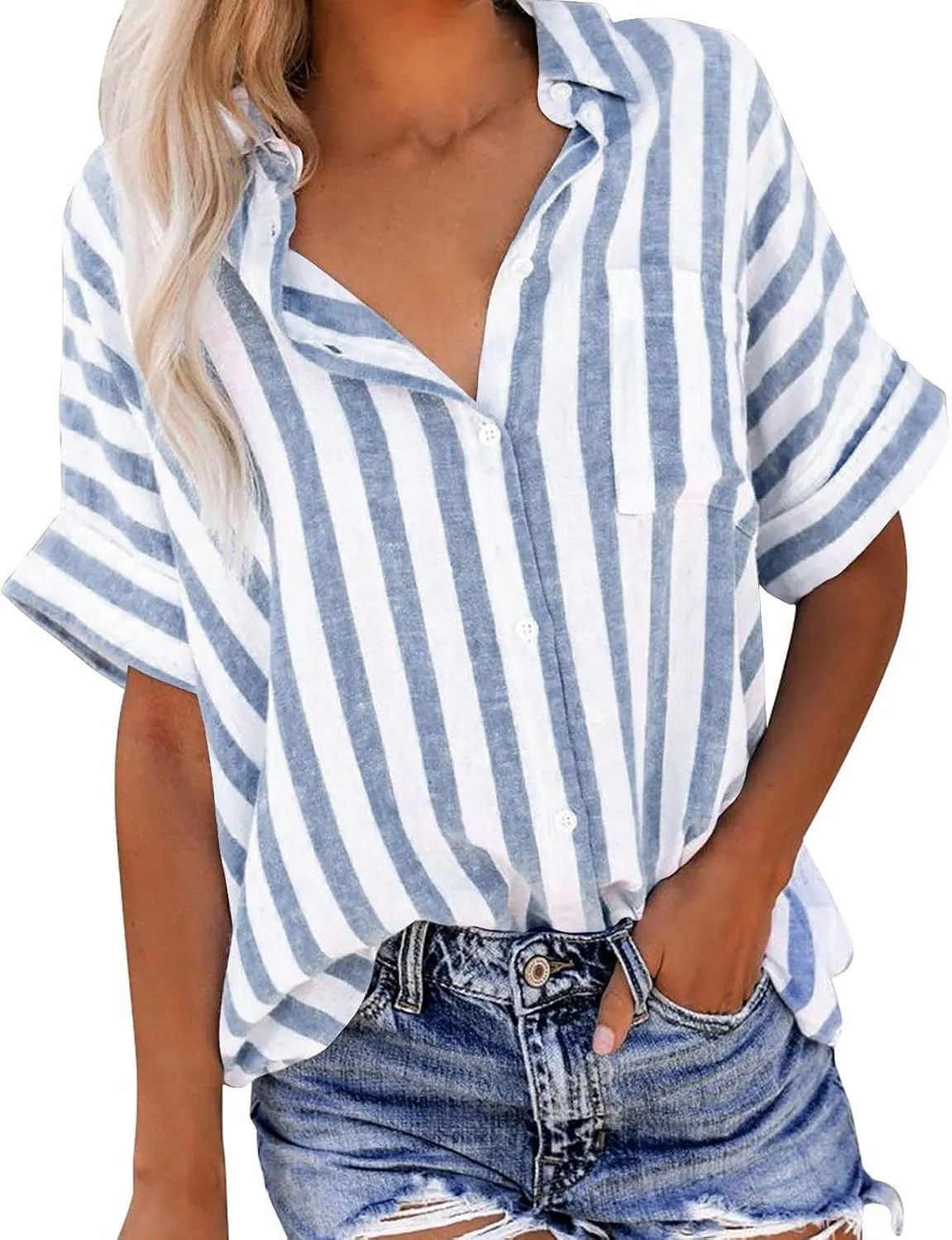Lastesso Womens Summer Tops Lightweight Button Down Stripes Short Short Sleeve Pullover Shirts Business Casual T-Shirt