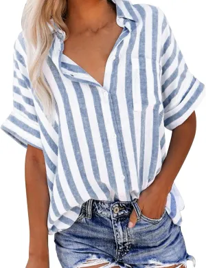 Lastesso Womens Summer Tops Lightweight Button Down Stripes Short Short Sleeve Pullover Shirts Business Casual T-Shirt