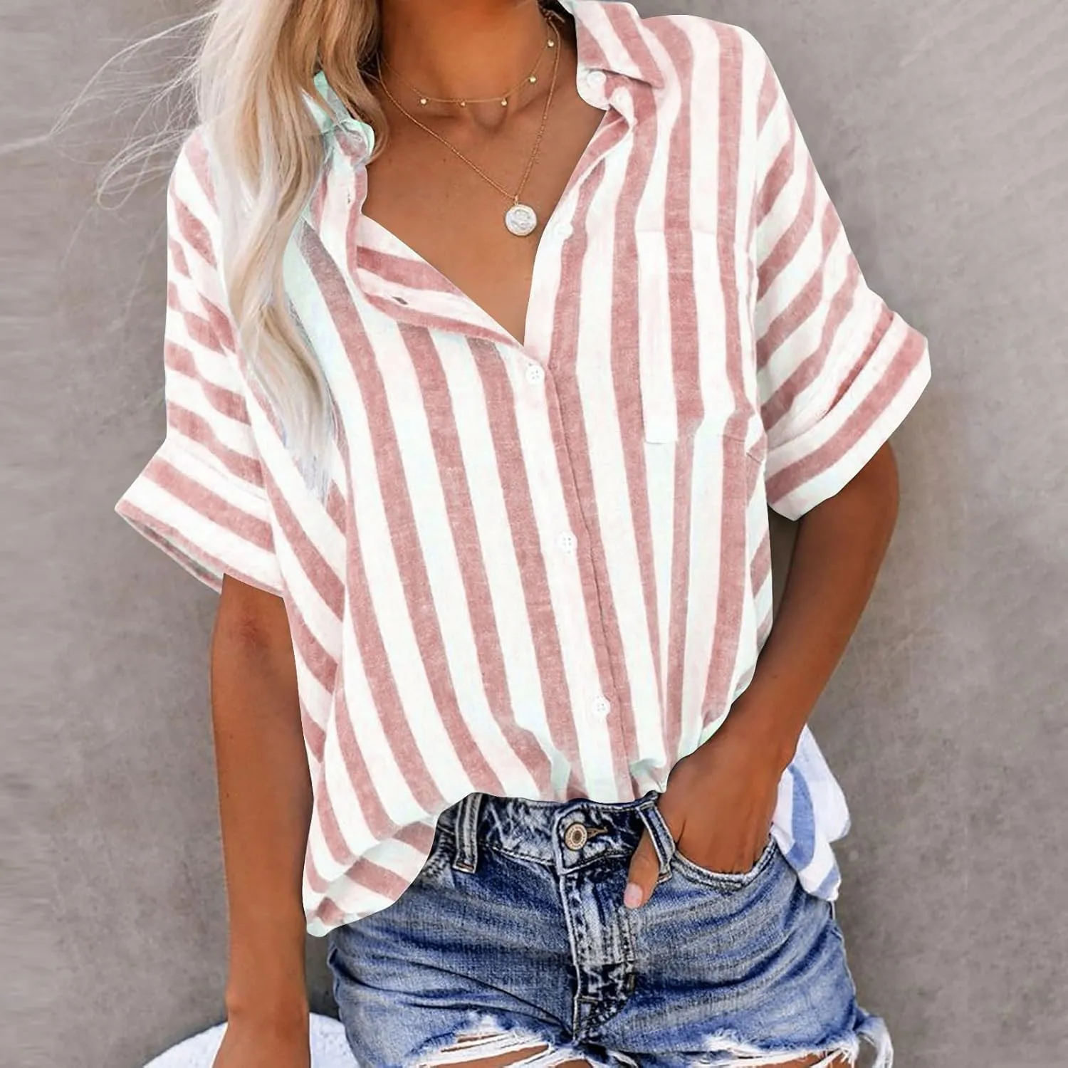Lastesso Womens Summer Tops Lightweight Button Down Stripes Short Short Sleeve Pullover Shirts Business Casual T-Shirt