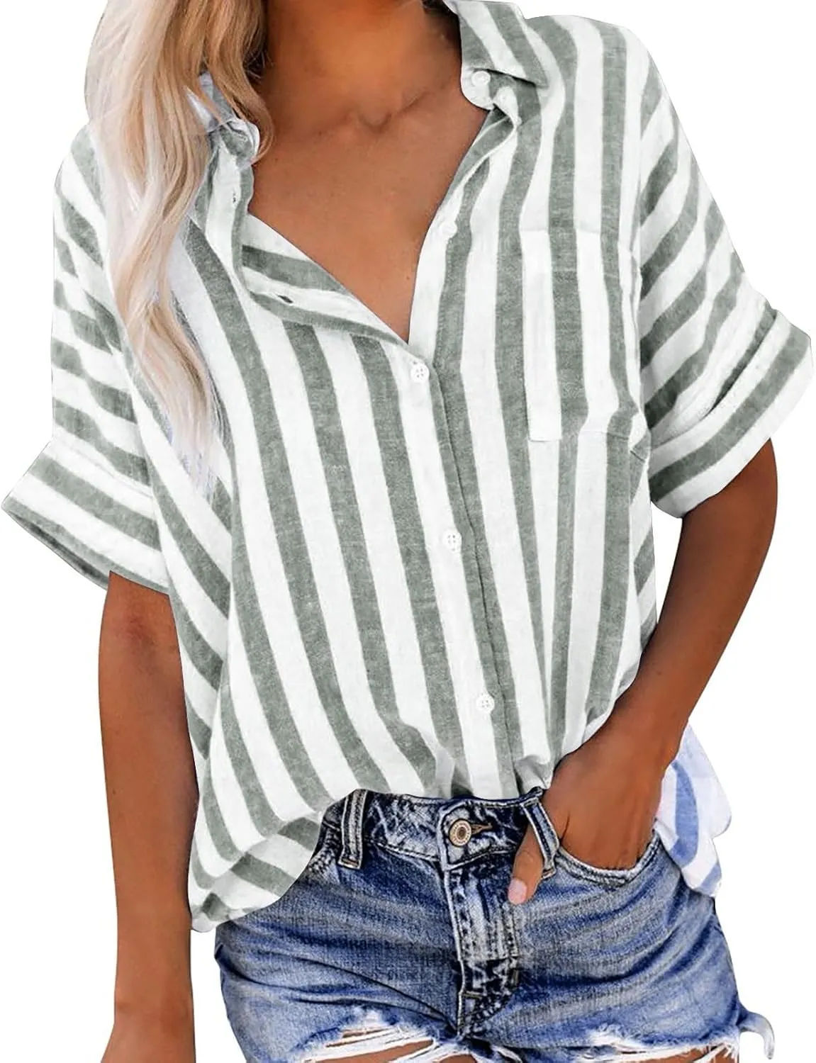 Lastesso Womens Summer Tops Lightweight Button Down Stripes Short Short Sleeve Pullover Shirts Business Casual T-Shirt