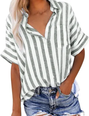 Lastesso Womens Summer Tops Lightweight Button Down Stripes Short Short Sleeve Pullover Shirts Business Casual T-Shirt