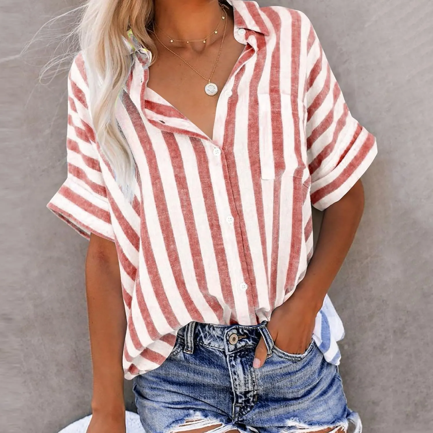 Lastesso Womens Summer Tops Lightweight Button Down Stripes Short Short Sleeve Pullover Shirts Business Casual T-Shirt
