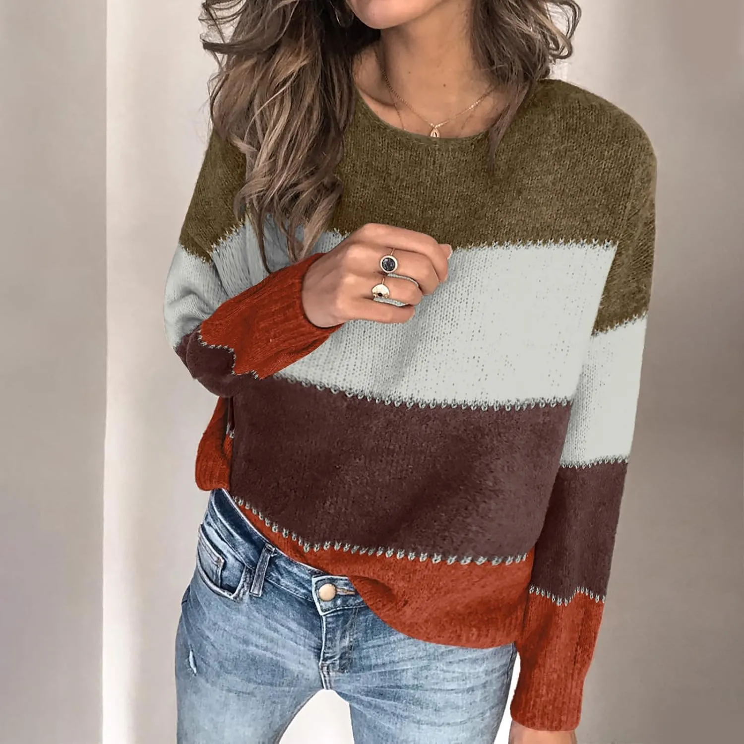 Lastesso Womens Sweaters Color Block Pullover Sweater Crochet Crew Neck Casual Loose Fit Outfits Preppy Fall Clothes