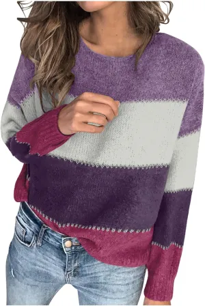 Lastesso Womens Sweaters Color Block Pullover Sweater Crochet Crew Neck Casual Loose Fit Outfits Preppy Fall Clothes