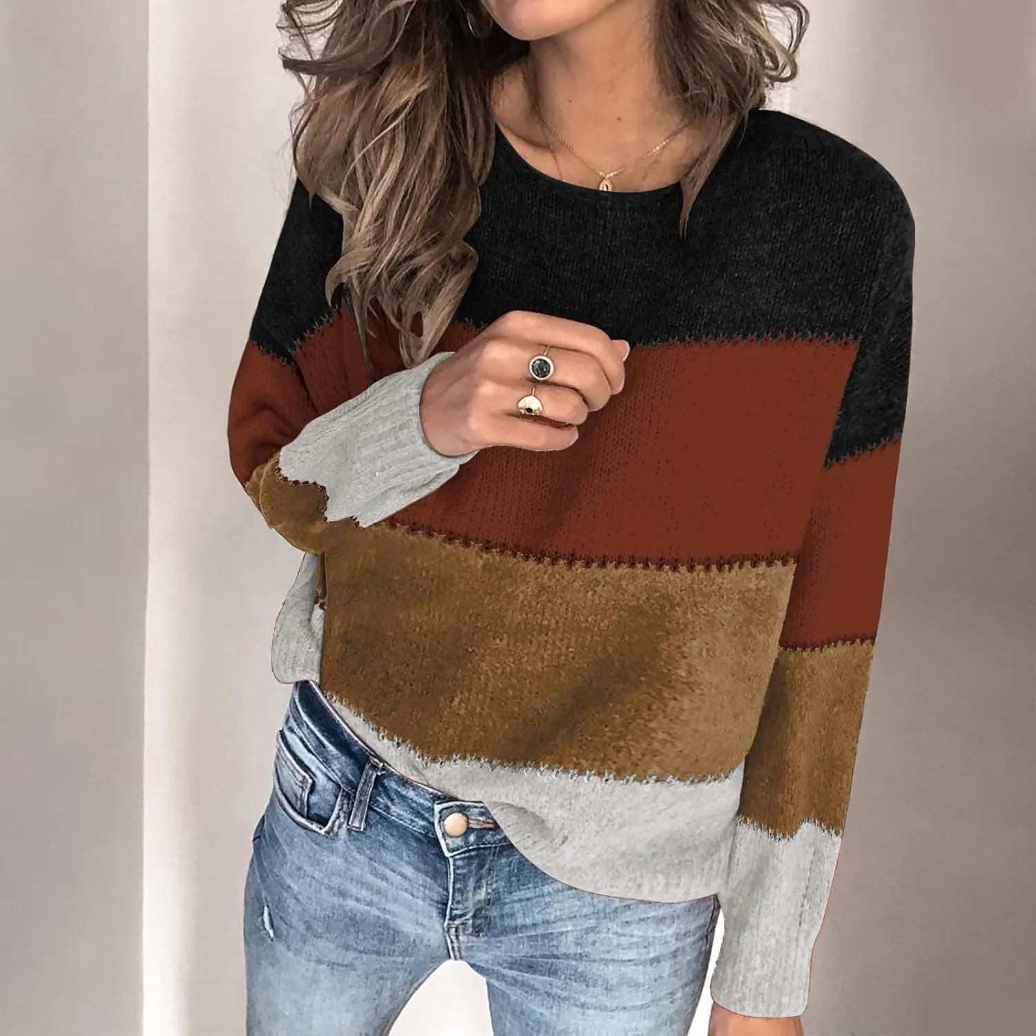 Lastesso Womens Sweaters Color Block Pullover Sweater Crochet Crew Neck Casual Loose Fit Outfits Preppy Fall Clothes