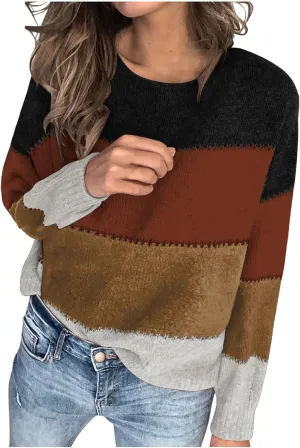 Lastesso Womens Sweaters Color Block Pullover Sweater Crochet Crew Neck Casual Loose Fit Outfits Preppy Fall Clothes