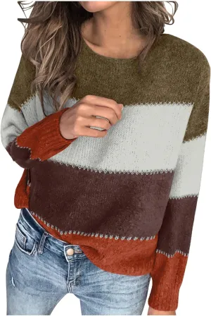 Lastesso Womens Sweaters Color Block Pullover Sweater Crochet Crew Neck Casual Loose Fit Outfits Preppy Fall Clothes