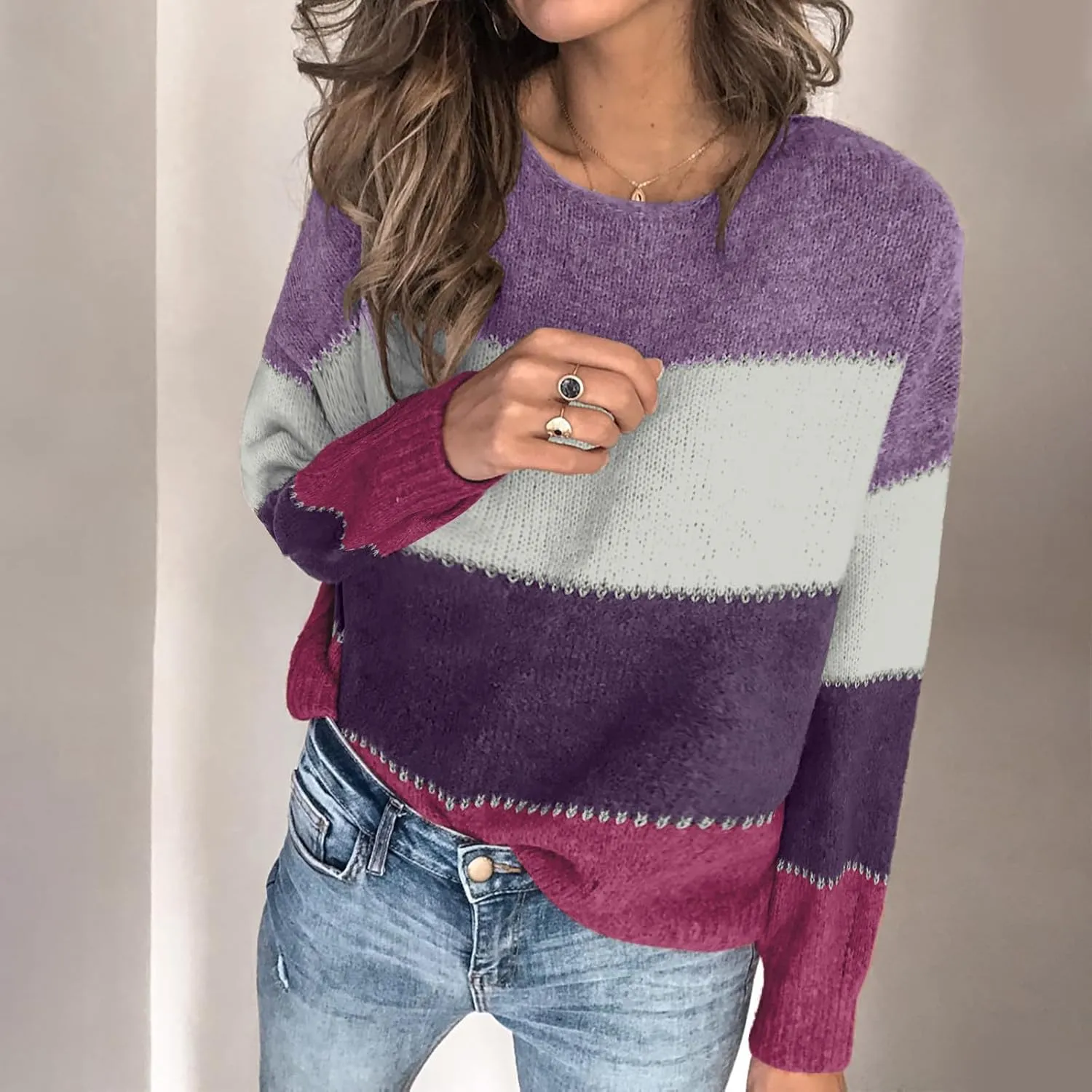 Lastesso Womens Sweaters Color Block Pullover Sweater Crochet Crew Neck Casual Loose Fit Outfits Preppy Fall Clothes