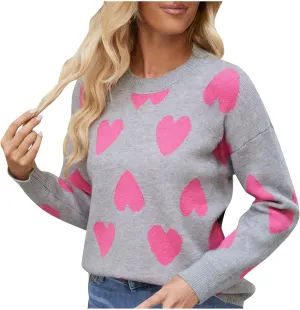 Lastesso Womens Sweaters Cute Heart Fahion Fall Winter Clothes Crewneck Loose Long Sleeve Pullover Sweaters Knit Chunky Tops