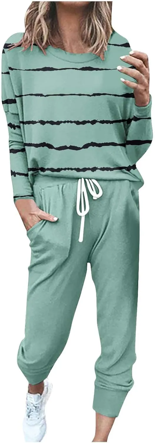 Lastesso Womens Sweatsuits 2 Piece Set Trendy Stripes Print Blouse Sweatshirt and Loose Size with Pockets Sweatpants Sets