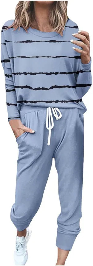 Lastesso Womens Sweatsuits 2 Piece Set Trendy Stripes Print Blouse Sweatshirt and Loose Size with Pockets Sweatpants Sets