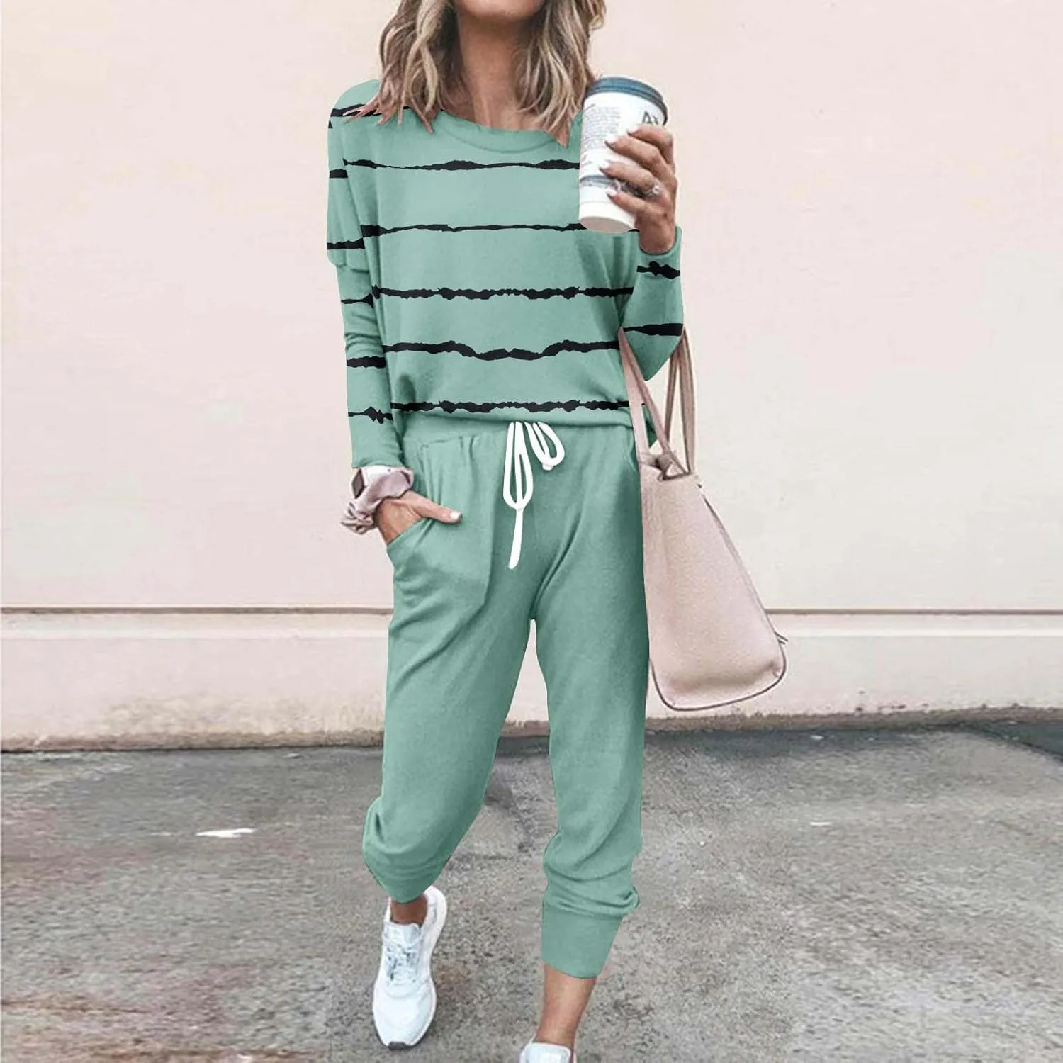 Lastesso Womens Sweatsuits 2 Piece Set Trendy Stripes Print Blouse Sweatshirt and Loose Size with Pockets Sweatpants Sets