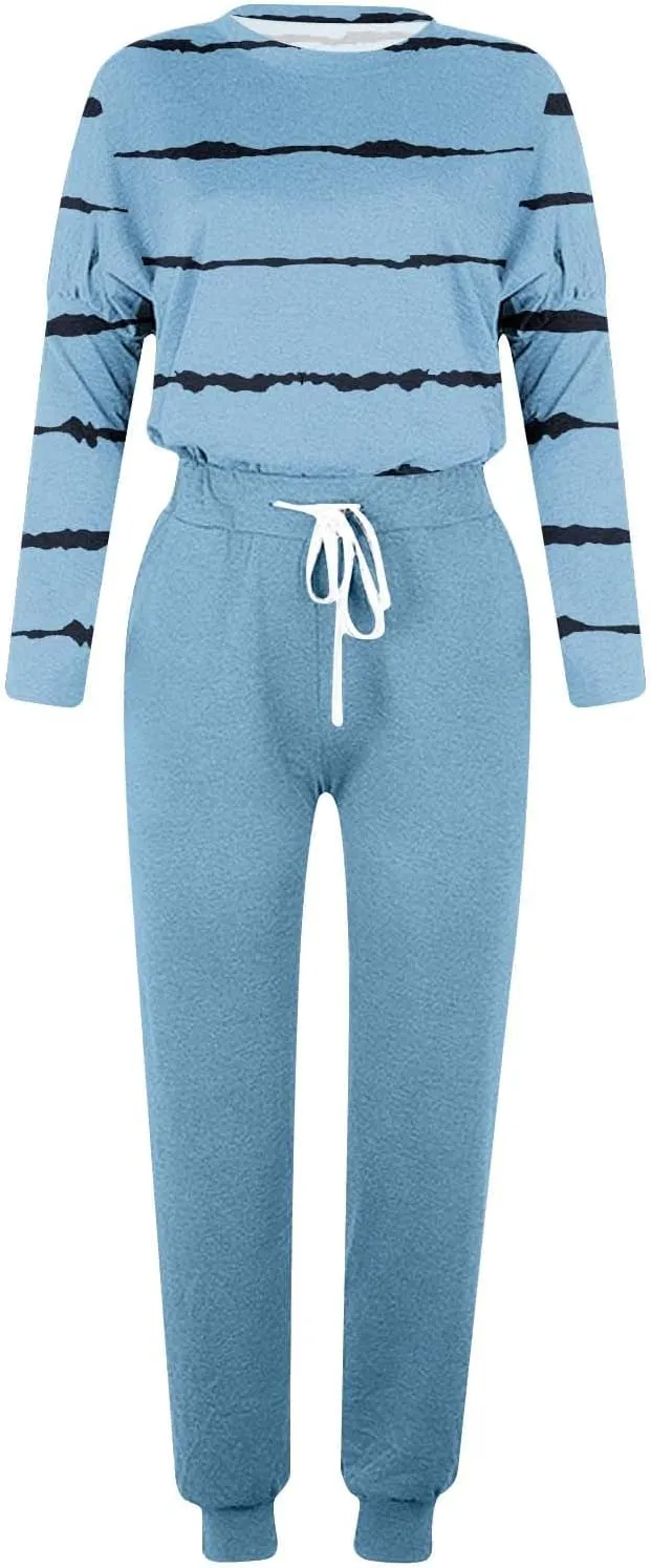 Lastesso Womens Sweatsuits 2 Piece Set Trendy Stripes Print Blouse Sweatshirt and Loose Size with Pockets Sweatpants Sets