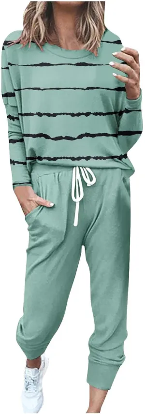 Lastesso Womens Sweatsuits 2 Piece Set Trendy Stripes Print Blouse Sweatshirt and Loose Size with Pockets Sweatpants Sets