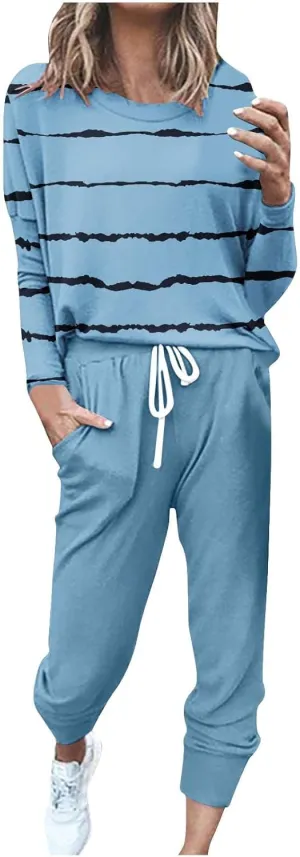 Lastesso Womens Sweatsuits 2 Piece Set Trendy Stripes Print Blouse Sweatshirt and Loose Size with Pockets Sweatpants Sets