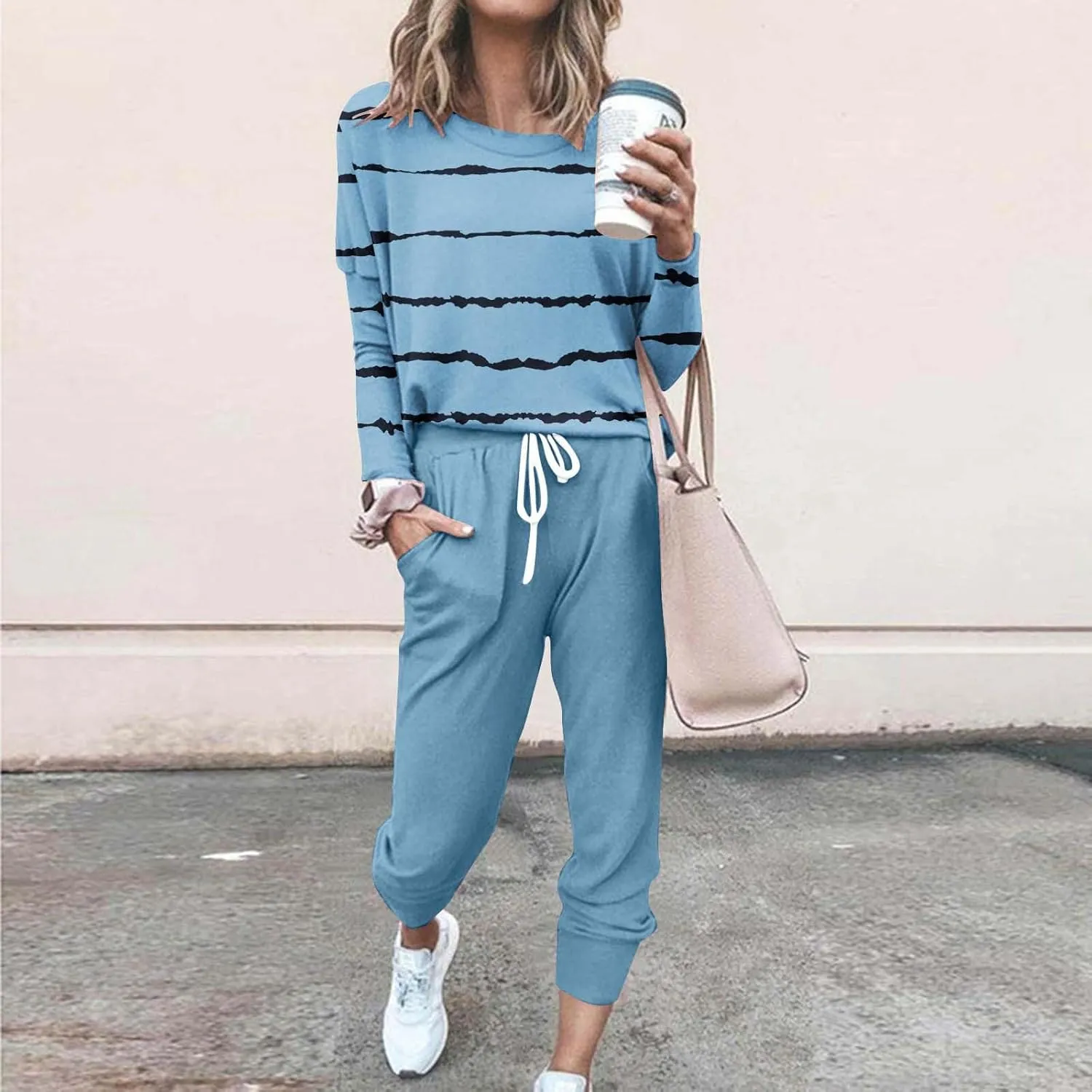 Lastesso Womens Sweatsuits 2 Piece Set Trendy Stripes Print Blouse Sweatshirt and Loose Size with Pockets Sweatpants Sets