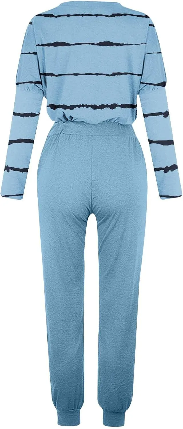 Lastesso Womens Sweatsuits 2 Piece Set Trendy Stripes Print Blouse Sweatshirt and Loose Size with Pockets Sweatpants Sets