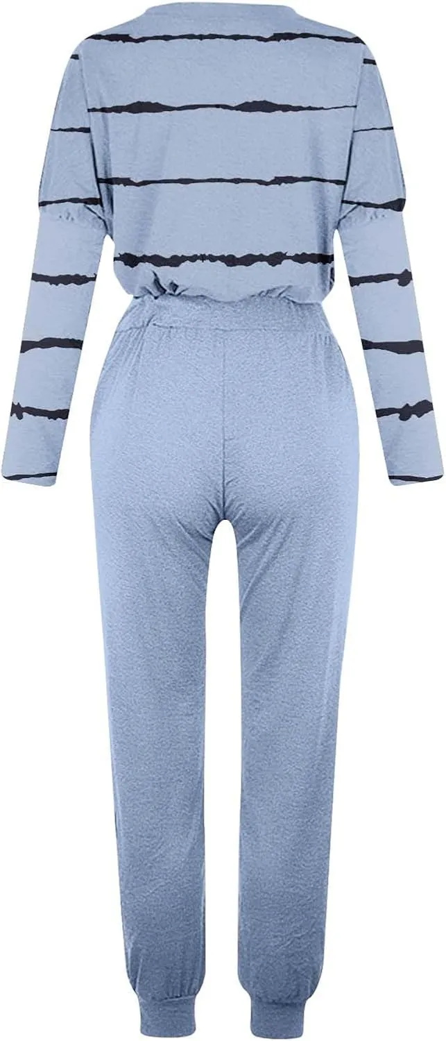 Lastesso Womens Sweatsuits 2 Piece Set Trendy Stripes Print Blouse Sweatshirt and Loose Size with Pockets Sweatpants Sets