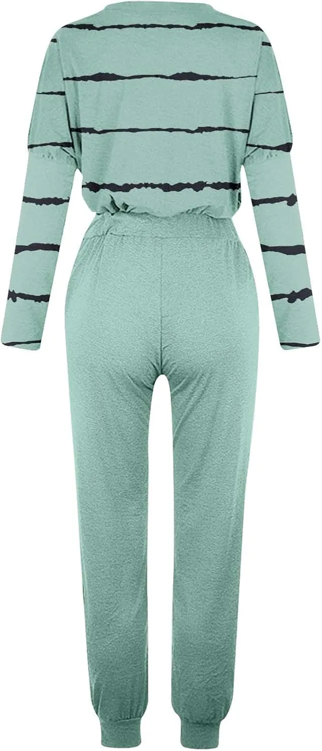 Lastesso Womens Sweatsuits 2 Piece Set Trendy Stripes Print Blouse Sweatshirt and Loose Size with Pockets Sweatpants Sets