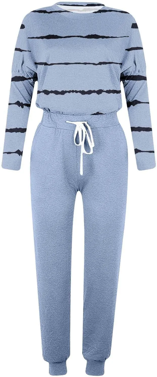 Lastesso Womens Sweatsuits 2 Piece Set Trendy Stripes Print Blouse Sweatshirt and Loose Size with Pockets Sweatpants Sets