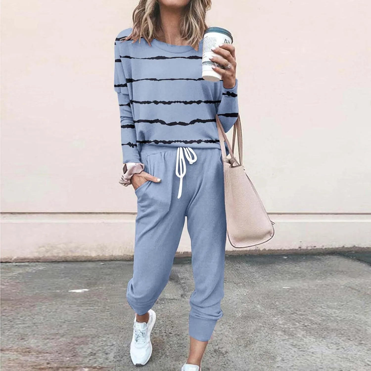 Lastesso Womens Sweatsuits 2 Piece Set Trendy Stripes Print Blouse Sweatshirt and Loose Size with Pockets Sweatpants Sets