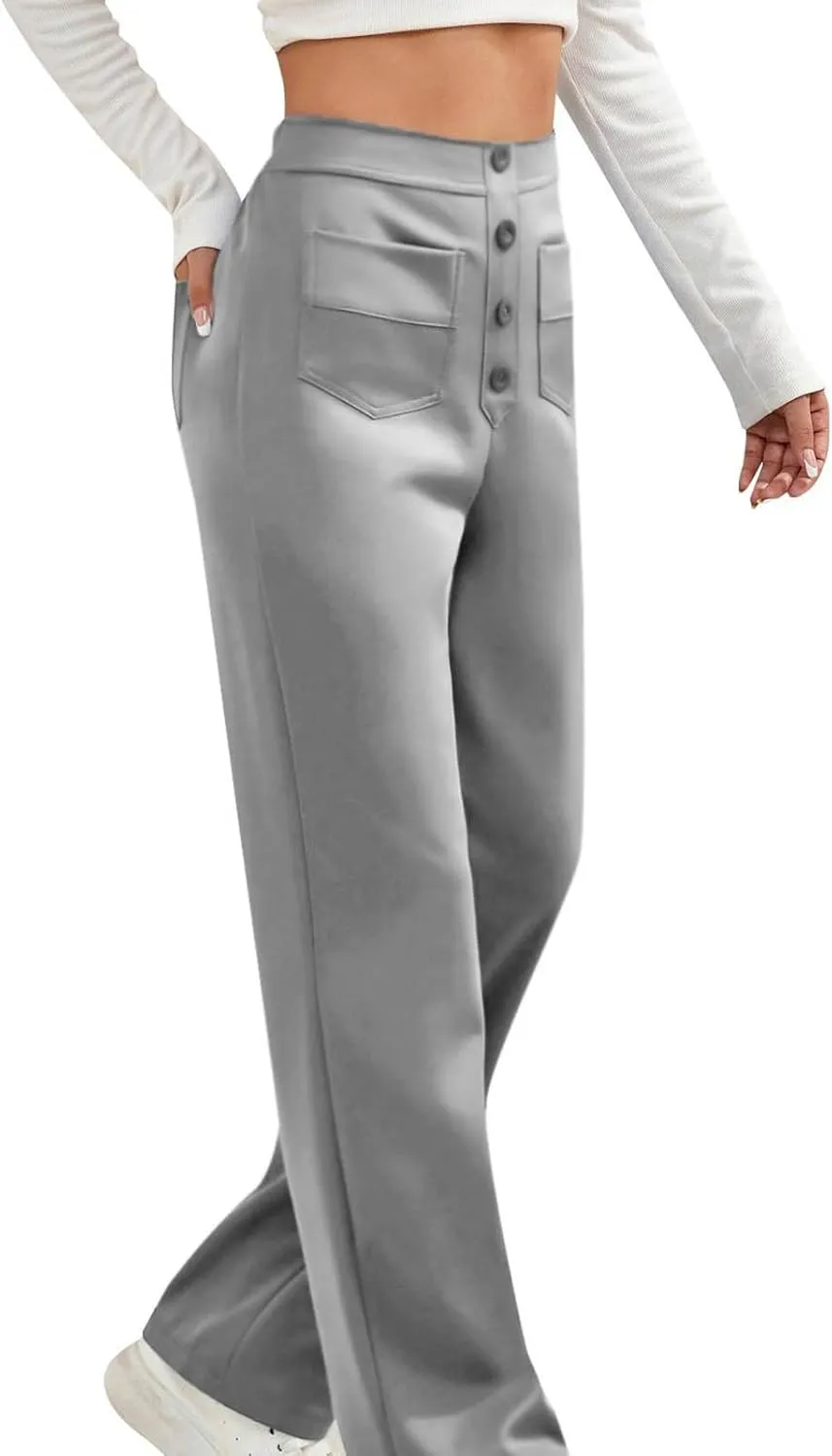 Lastesso Work Pants for Women Soft Long Straight Trousers Casual Wid Leg Pants High Waist Button Up Baggy Pants with Pockets
