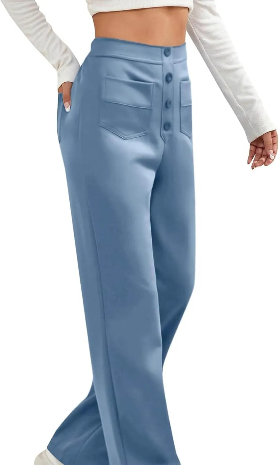 Lastesso Work Pants for Women Soft Long Straight Trousers Casual Wid Leg Pants High Waist Button Up Baggy Pants with Pockets