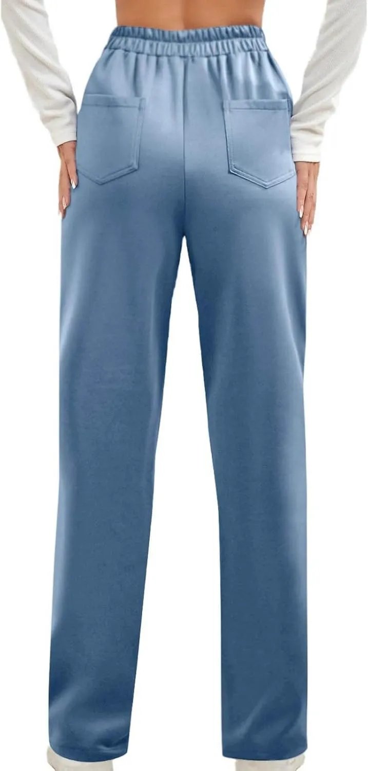 Lastesso Work Pants for Women Soft Long Straight Trousers Casual Wid Leg Pants High Waist Button Up Baggy Pants with Pockets