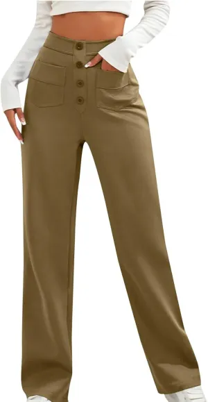 Lastesso Work Pants for Women Soft Long Straight Trousers Casual Wid Leg Pants High Waist Button Up Baggy Pants with Pockets