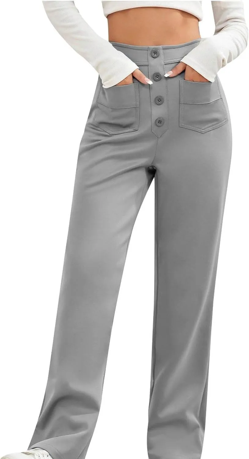Lastesso Work Pants for Women Soft Long Straight Trousers Casual Wid Leg Pants High Waist Button Up Baggy Pants with Pockets