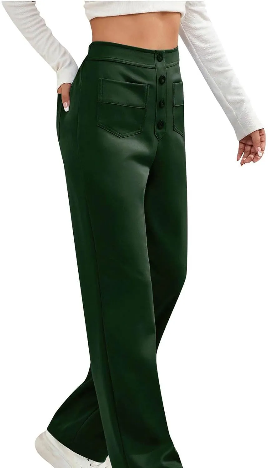 Lastesso Work Pants for Women Soft Long Straight Trousers Casual Wid Leg Pants High Waist Button Up Baggy Pants with Pockets