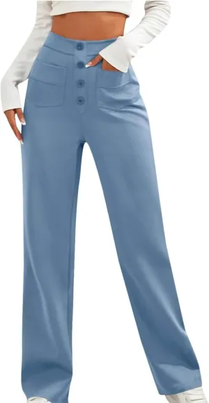 Lastesso Work Pants for Women Soft Long Straight Trousers Casual Wid Leg Pants High Waist Button Up Baggy Pants with Pockets