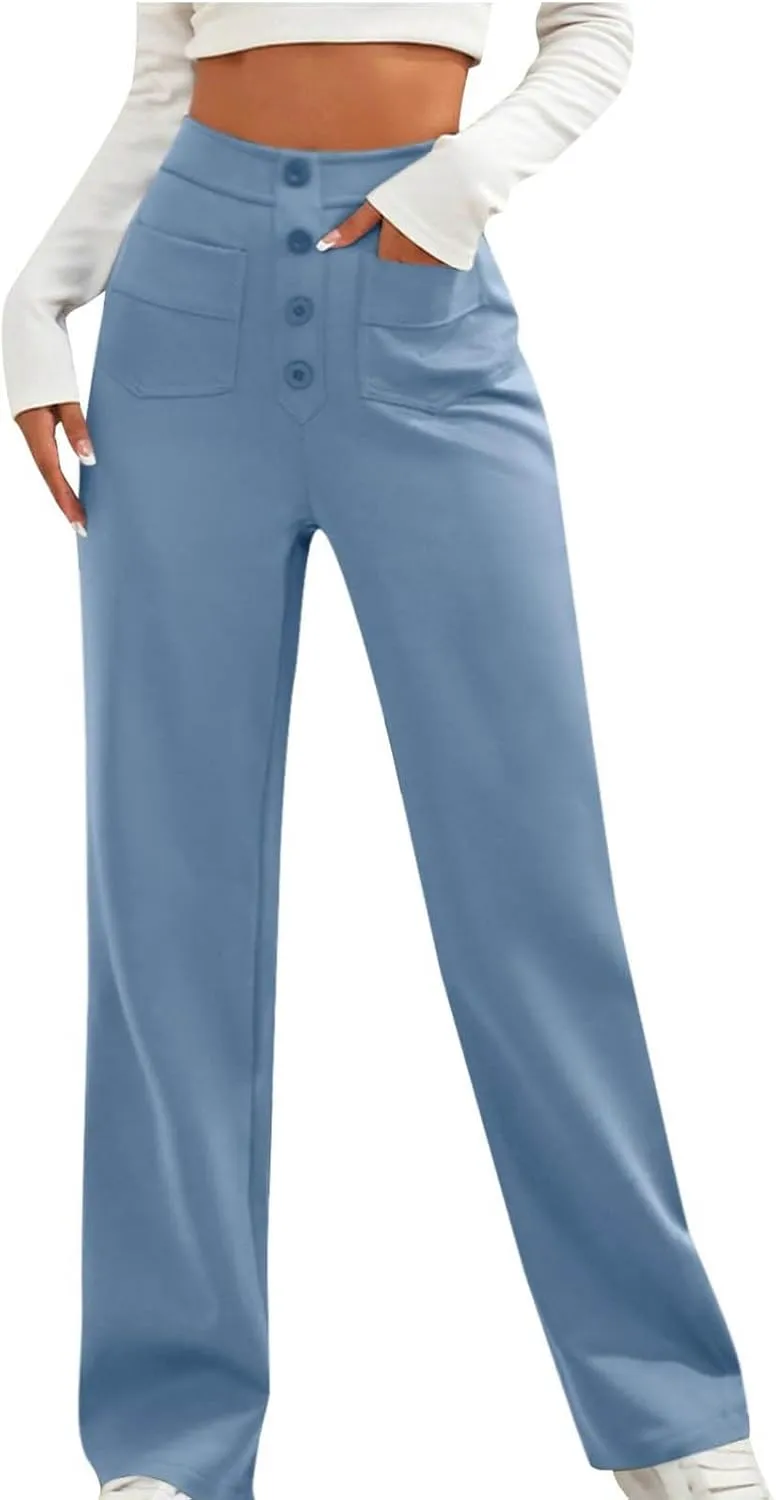 Lastesso Work Pants for Women Soft Long Straight Trousers Casual Wid Leg Pants High Waist Button Up Baggy Pants with Pockets