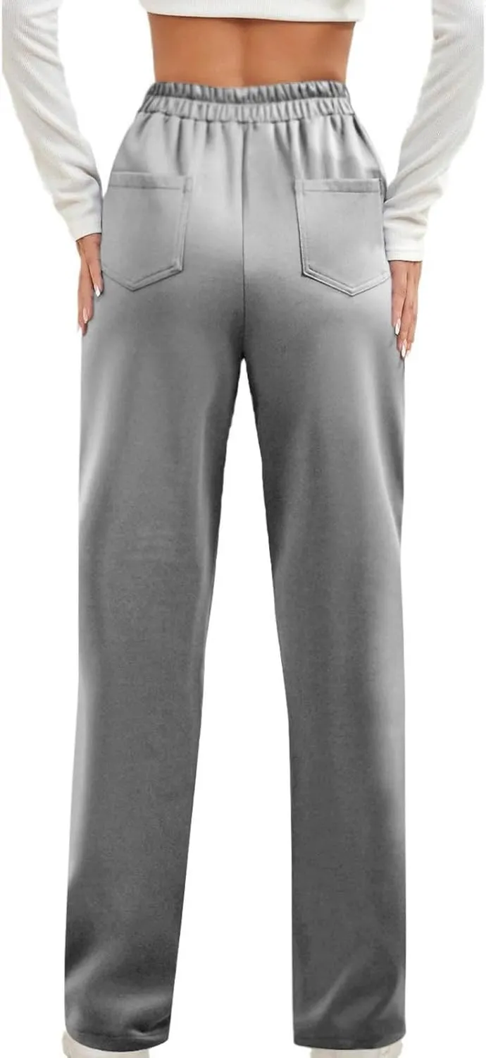 Lastesso Work Pants for Women Soft Long Straight Trousers Casual Wid Leg Pants High Waist Button Up Baggy Pants with Pockets