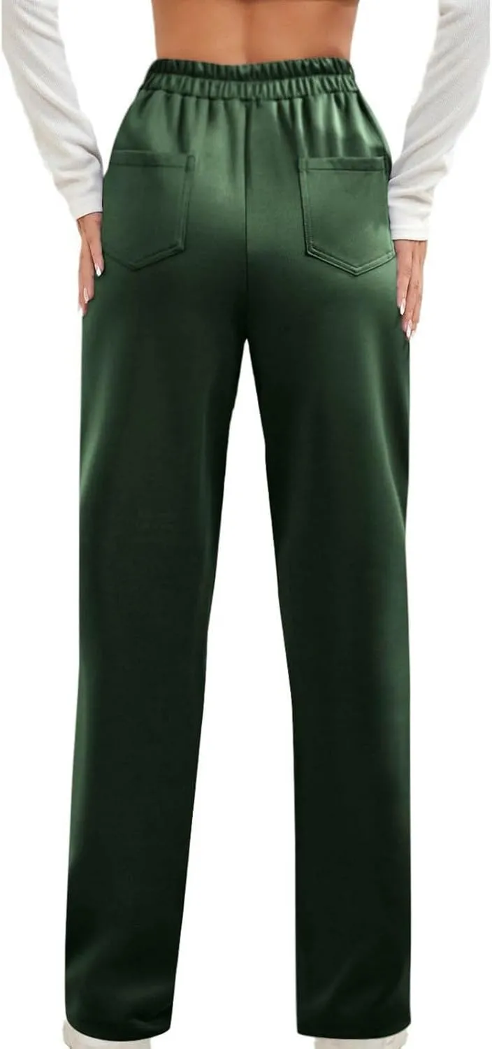 Lastesso Work Pants for Women Soft Long Straight Trousers Casual Wid Leg Pants High Waist Button Up Baggy Pants with Pockets