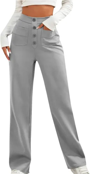 Lastesso Work Pants for Women Soft Long Straight Trousers Casual Wid Leg Pants High Waist Button Up Baggy Pants with Pockets