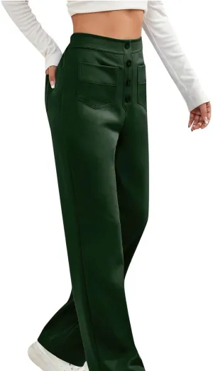 Lastesso Work Pants for Women Soft Long Straight Trousers Casual Wid Leg Pants High Waist Button Up Baggy Pants with Pockets