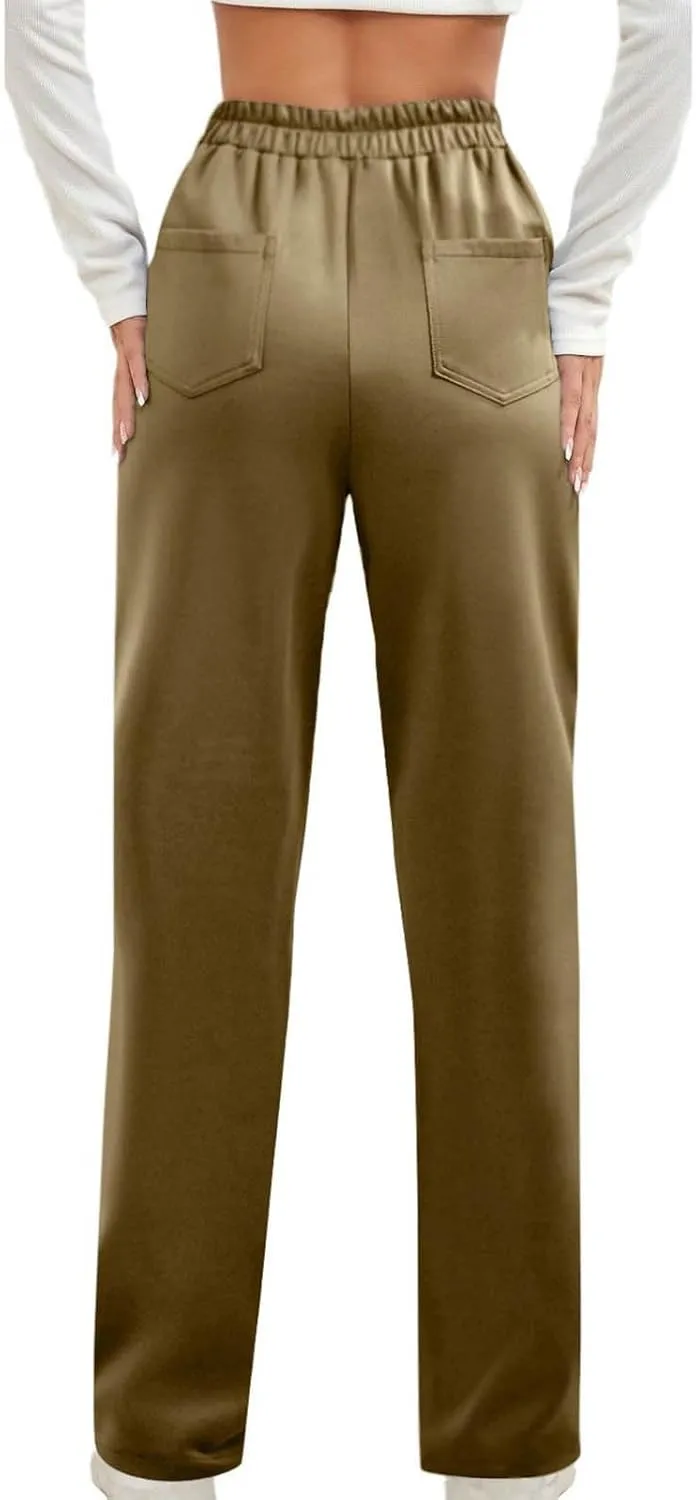 Lastesso Work Pants for Women Soft Long Straight Trousers Casual Wid Leg Pants High Waist Button Up Baggy Pants with Pockets
