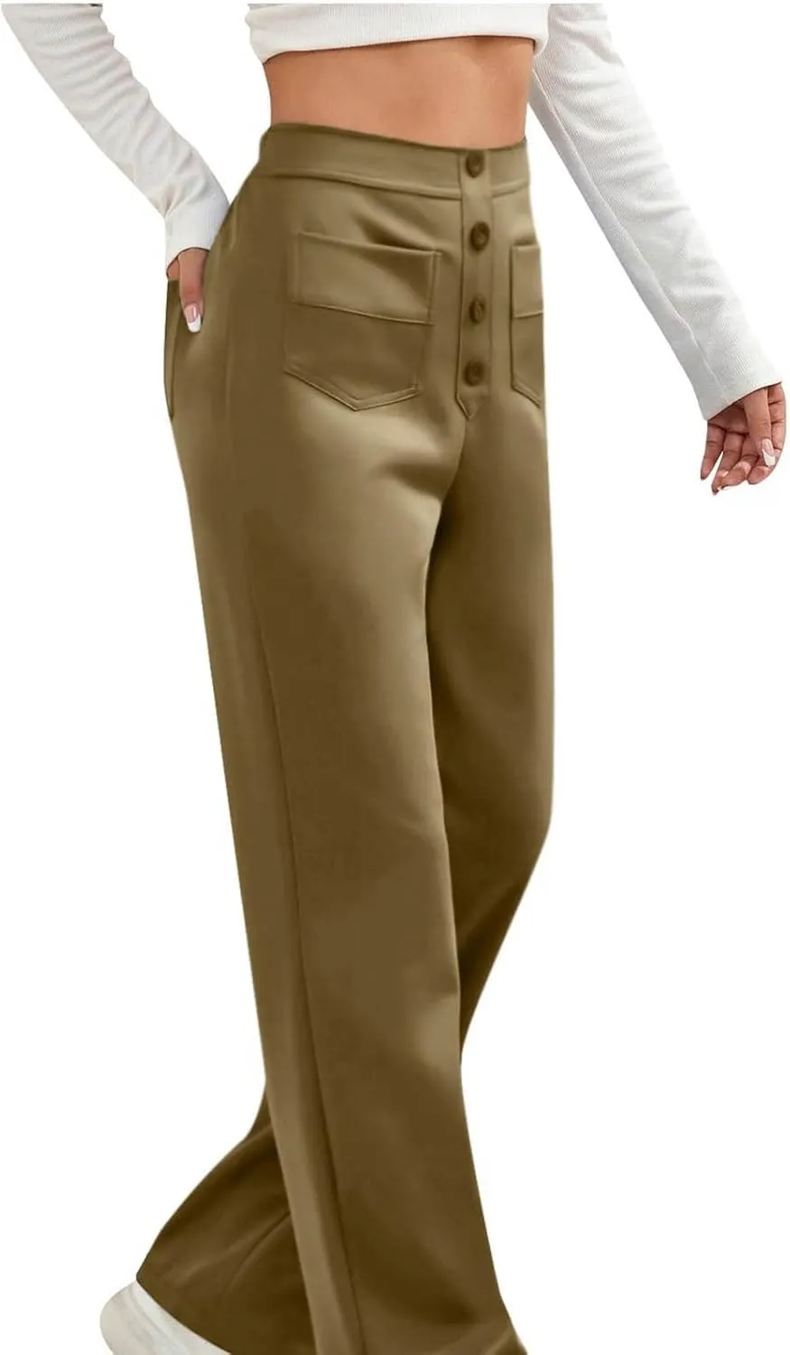 Lastesso Work Pants for Women Soft Long Straight Trousers Casual Wid Leg Pants High Waist Button Up Baggy Pants with Pockets