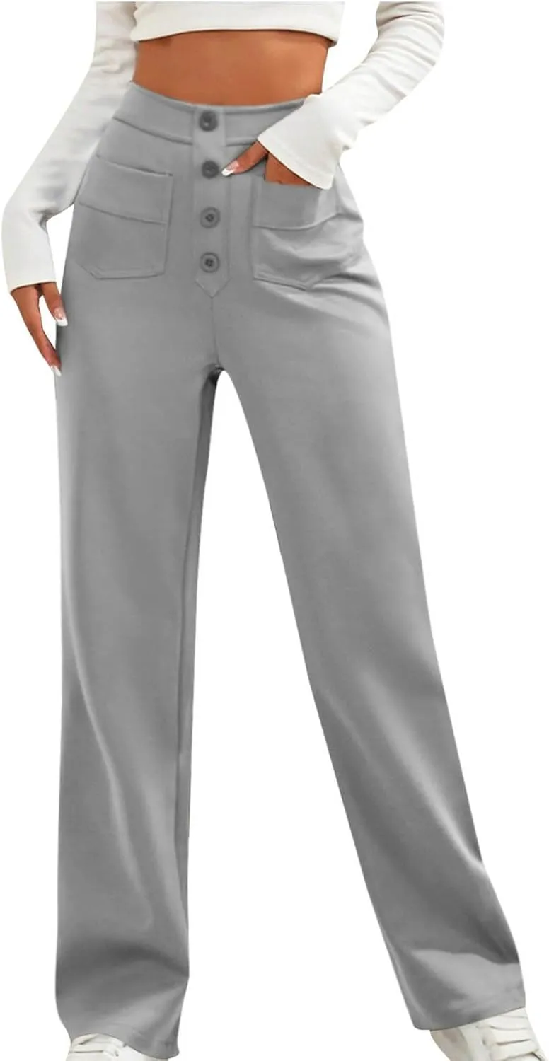 Lastesso Work Pants for Women Soft Long Straight Trousers Casual Wid Leg Pants High Waist Button Up Baggy Pants with Pockets