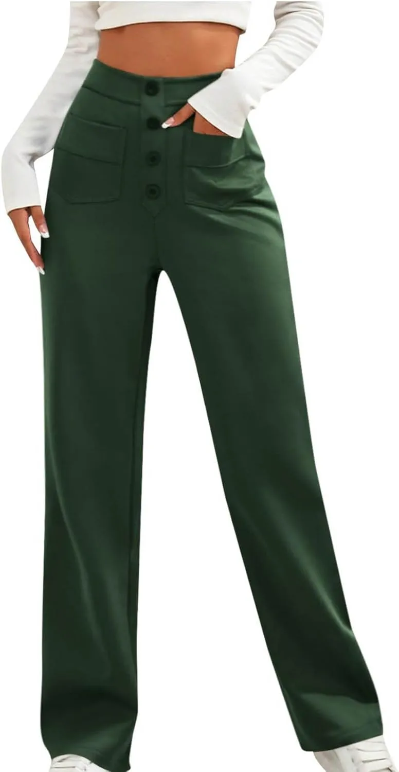 Lastesso Work Pants for Women Soft Long Straight Trousers Casual Wid Leg Pants High Waist Button Up Baggy Pants with Pockets