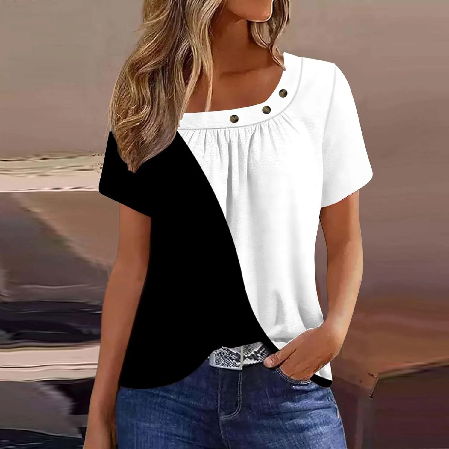 Lastesso Workout Tops for Women Summer Tops Square Neck T-Shirts Ruch Front Short Sleeve Shirts Casual Fashion Blouses