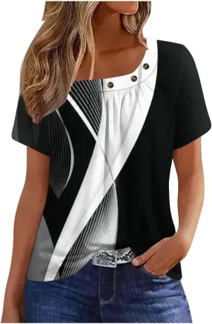Lastesso Workout Tops for Women Summer Tops Square Neck T-Shirts Ruch Front Short Sleeve Shirts Casual Fashion Blouses