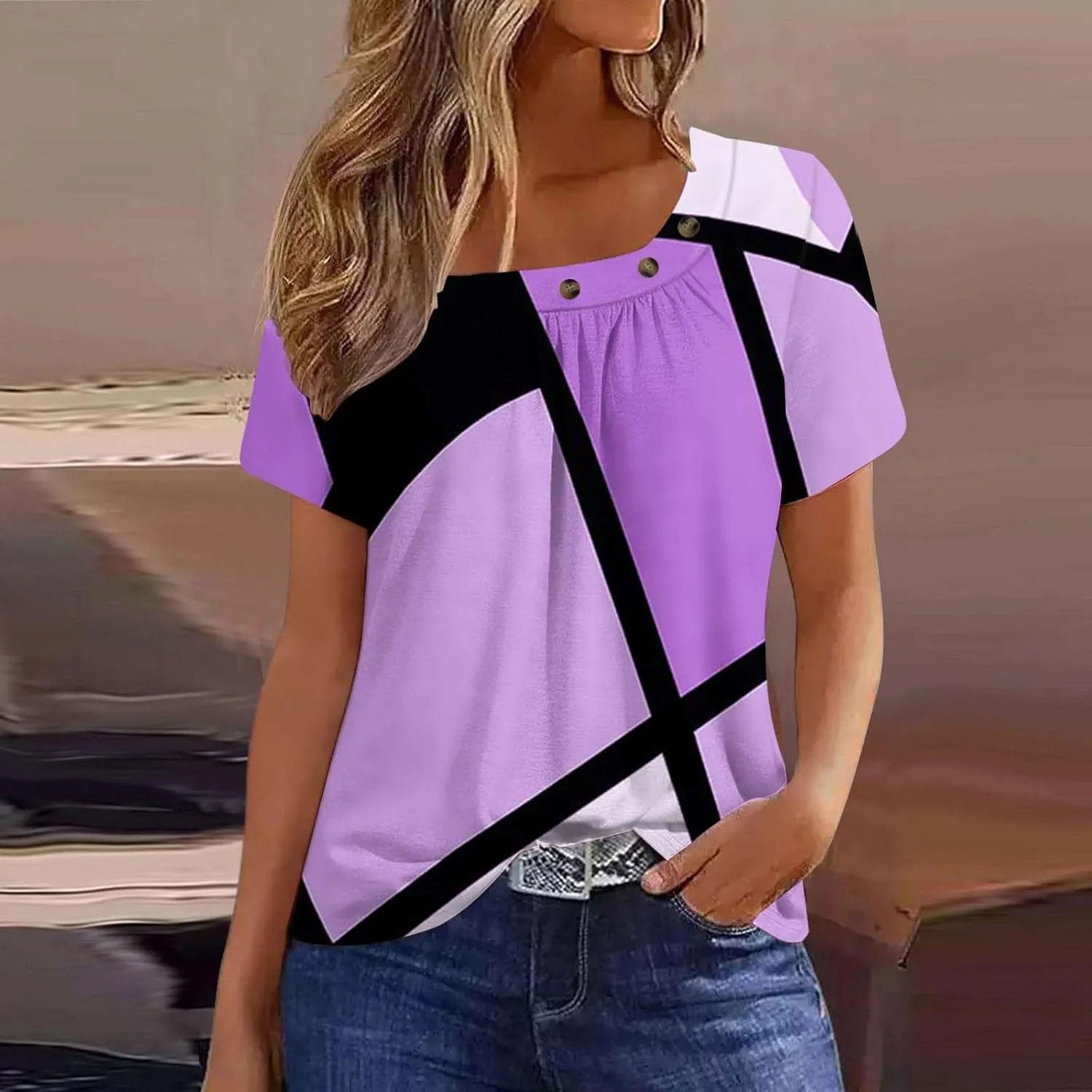 Lastesso Workout Tops for Women Summer Tops Square Neck T-Shirts Ruch Front Short Sleeve Shirts Casual Fashion Blouses