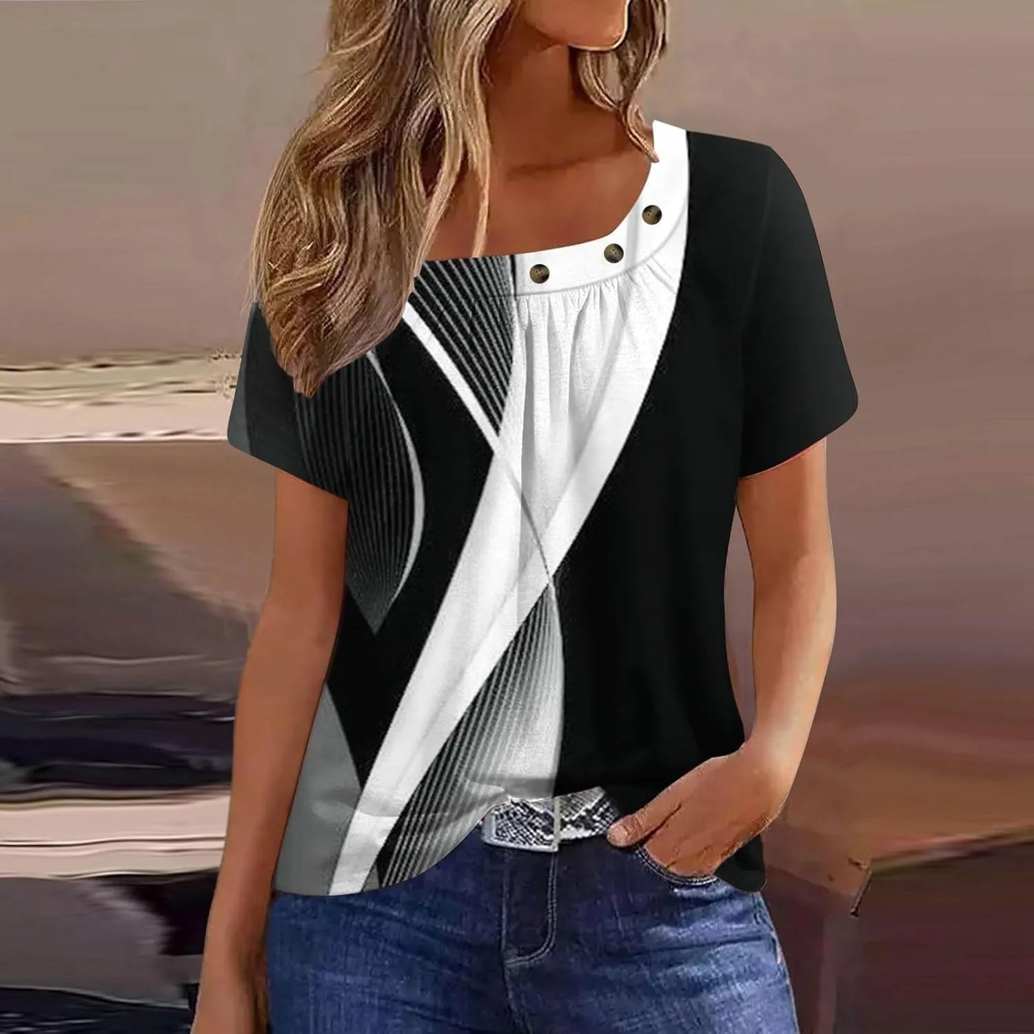 Lastesso Workout Tops for Women Summer Tops Square Neck T-Shirts Ruch Front Short Sleeve Shirts Casual Fashion Blouses