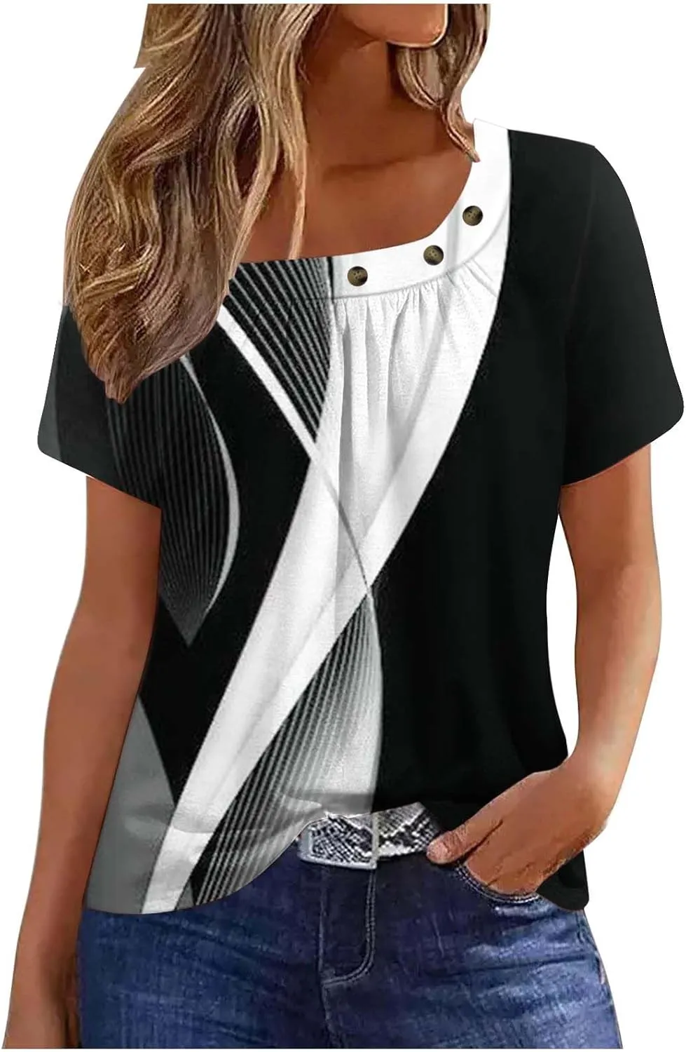 Lastesso Workout Tops for Women Summer Tops Square Neck T-Shirts Ruch Front Short Sleeve Shirts Casual Fashion Blouses