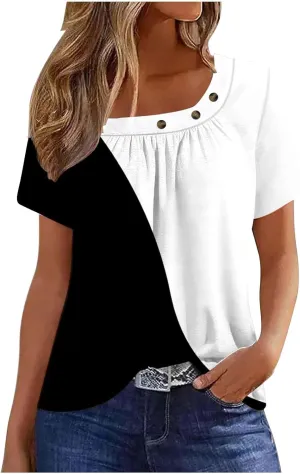 Lastesso Workout Tops for Women Summer Tops Square Neck T-Shirts Ruch Front Short Sleeve Shirts Casual Fashion Blouses